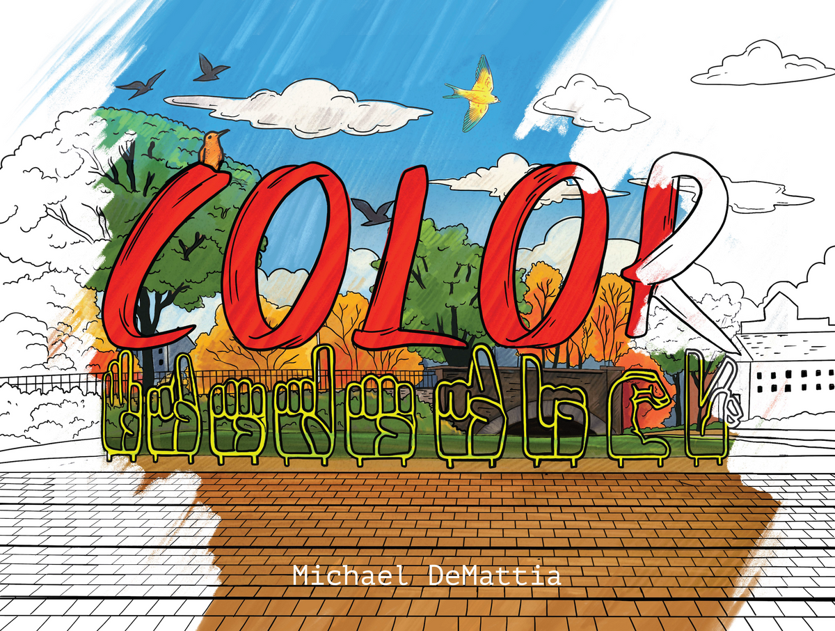 Color Frederick coloring book cover with downtown Frederick line art